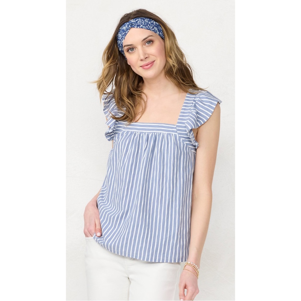 NWT LC Lauren Conrad Ruffled Sleeve Cross-Back Top Navy Stripe Size XXL